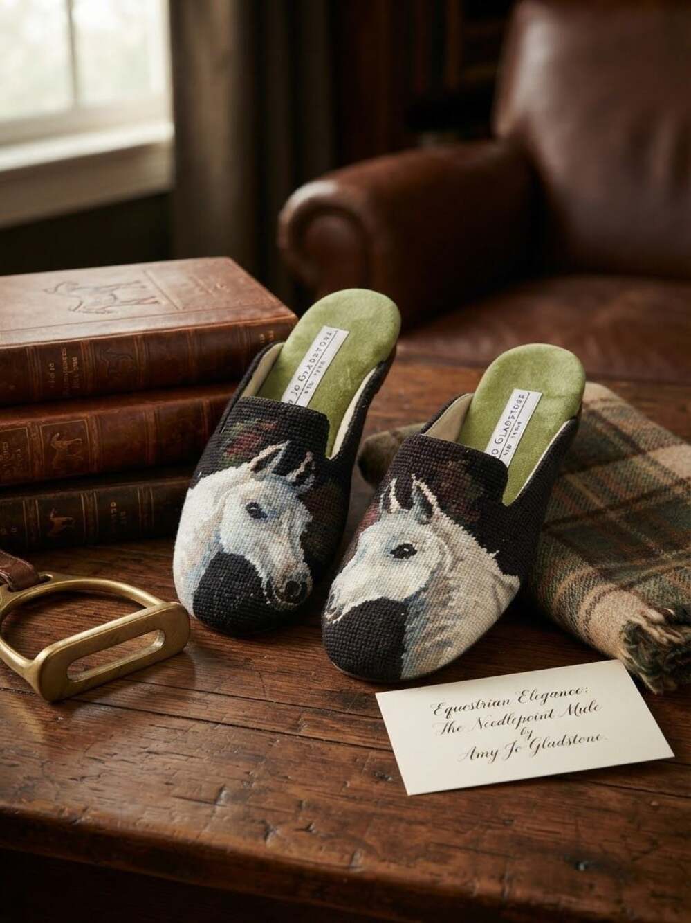 Amy Jo Gladstone Vintage Needlepoint Horse Equestrian Mules Slippers Size M